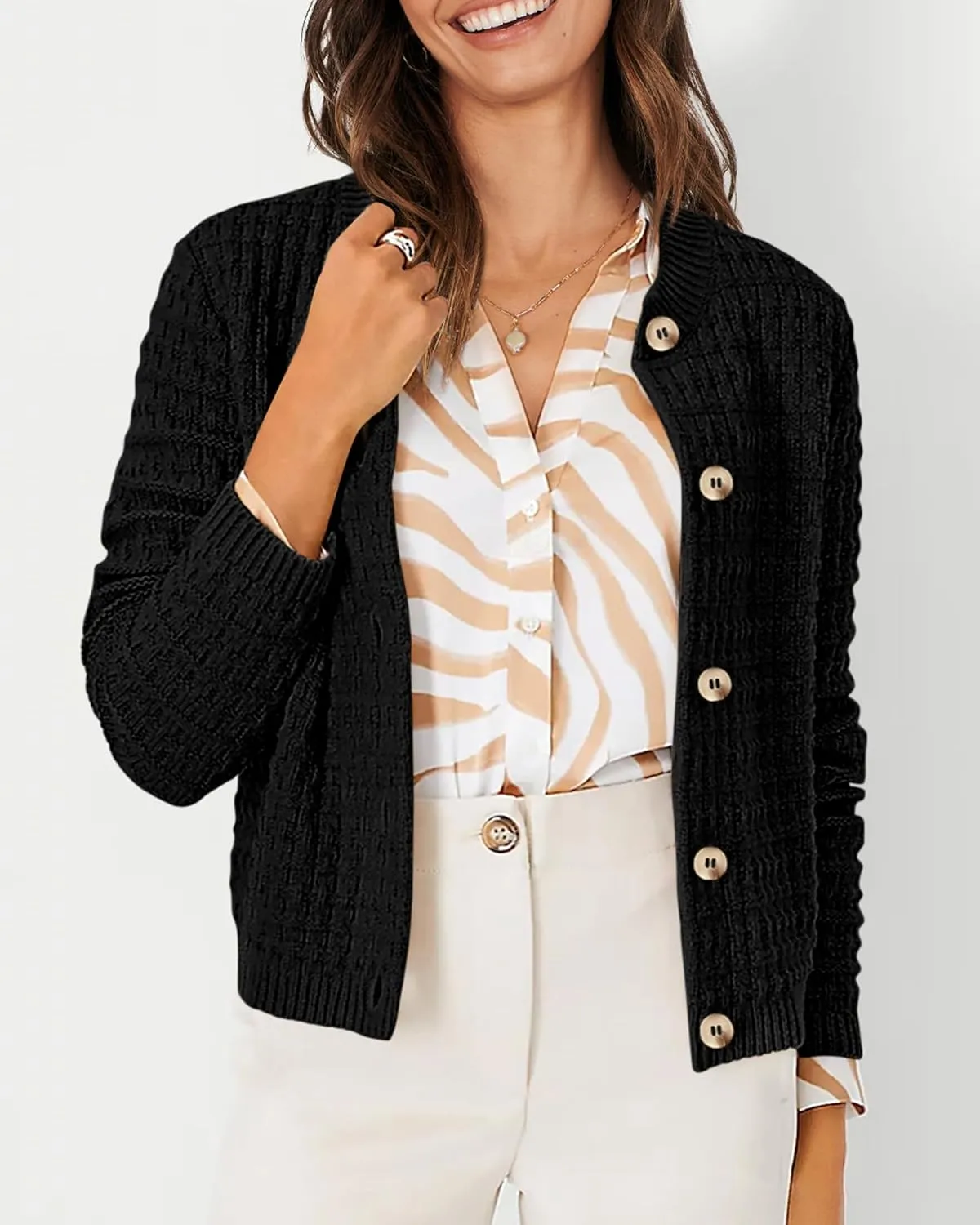 PRETTYGARDEN Women's Knit Cardigan Sweaters Casual Long Sleeve Open Front Button Down Trendy Jackets Outerwear