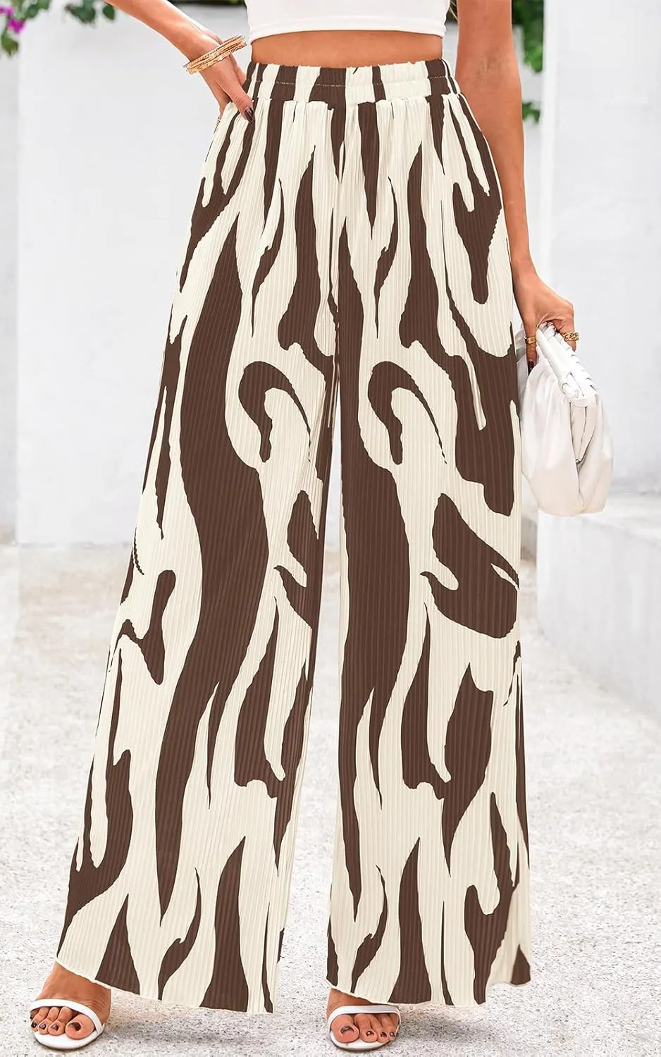PRETTYGARDEN Womens Pants Dressy Casual Wide Leg Graphic Print Lounge Pants Women Comfy High Waist Pleated Palazzo Pants
