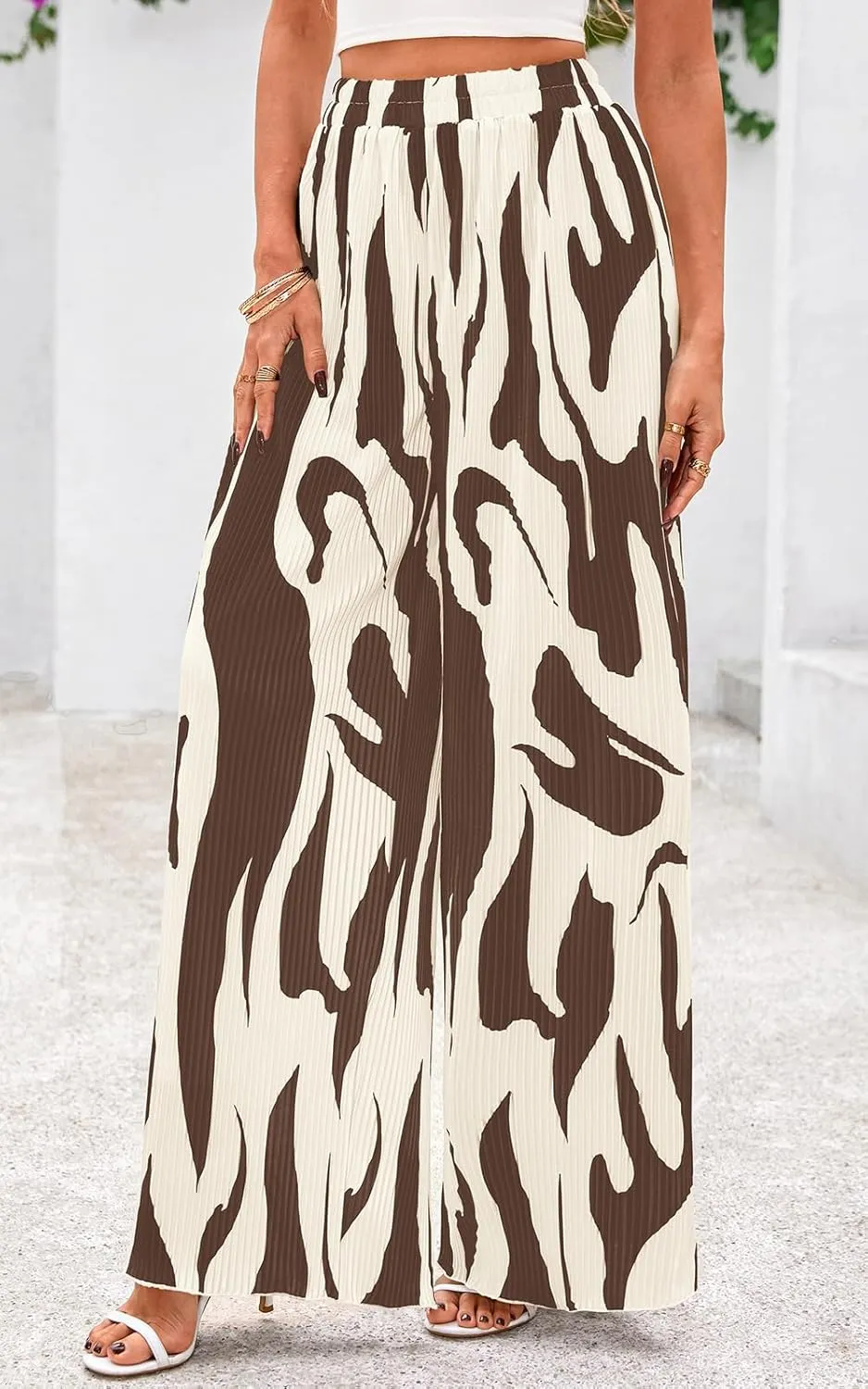PRETTYGARDEN Womens Pants Dressy Casual Wide Leg Graphic Print Lounge Pants Women Comfy High Waist Pleated Palazzo Pants
