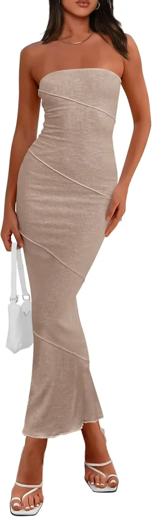 PRETTYGARDEN Women's Ribbed Maxi Bodycon Dress Summer Strapless Tube Y2K Party Club Long Dresses