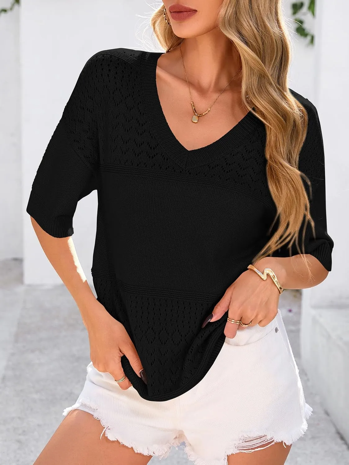PRETTYGARDEN Women's Short Sleeve Sweater Tops 2025 Spring Summer Casual V Neck Ribbed Knit Trendy Eyelet Blouse T Shirts
