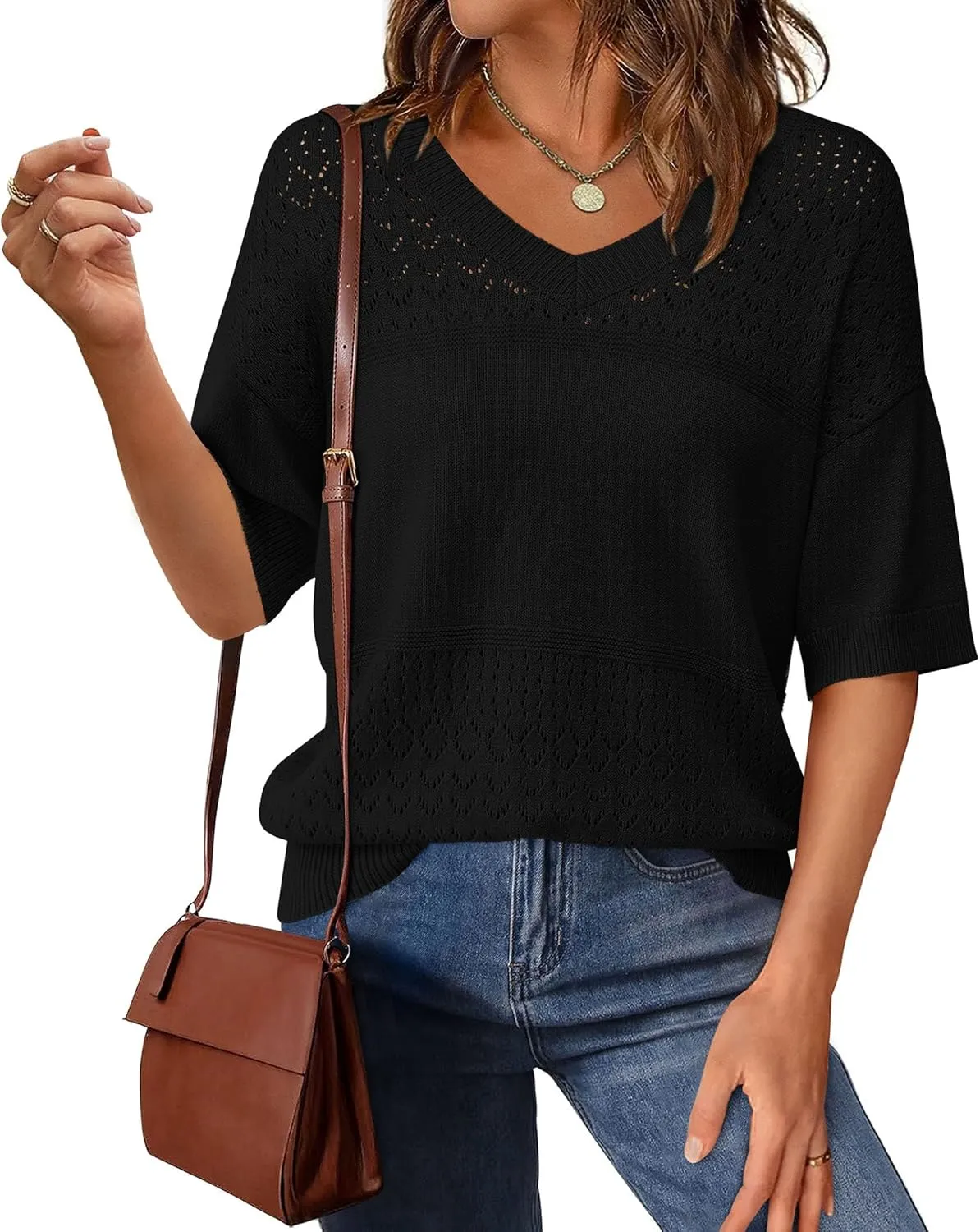 PRETTYGARDEN Women's Short Sleeve Sweater Tops 2025 Spring Summer Casual V Neck Ribbed Knit Trendy Eyelet Blouse T Shirts