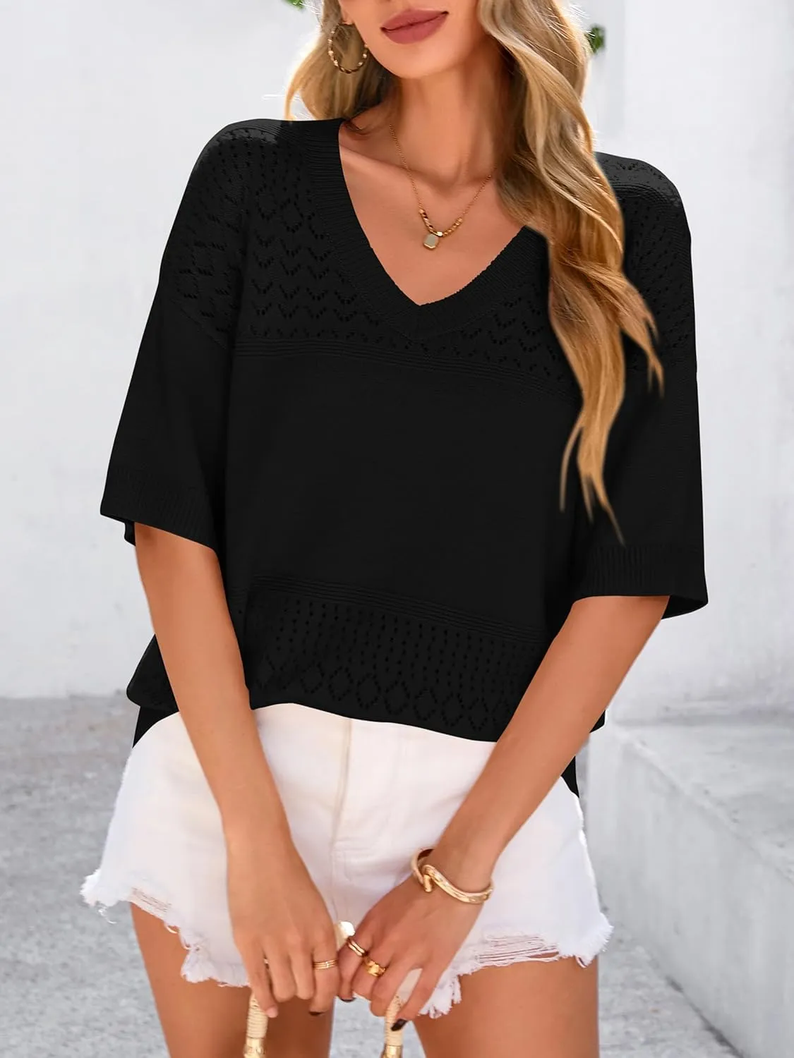 PRETTYGARDEN Women's Short Sleeve Sweater Tops 2025 Spring Summer Casual V Neck Ribbed Knit Trendy Eyelet Blouse T Shirts