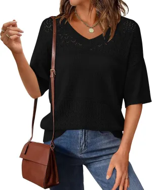 PRETTYGARDEN Women's Short Sleeve Sweater Tops 2025 Spring Summer Casual V Neck Ribbed Knit Trendy Eyelet Blouse T Shirts