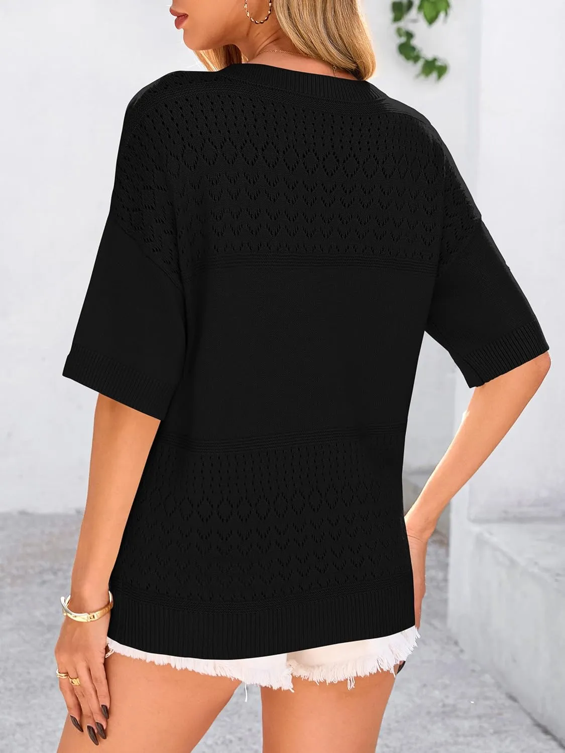 PRETTYGARDEN Women's Short Sleeve Sweater Tops 2025 Spring Summer Casual V Neck Ribbed Knit Trendy Eyelet Blouse T Shirts