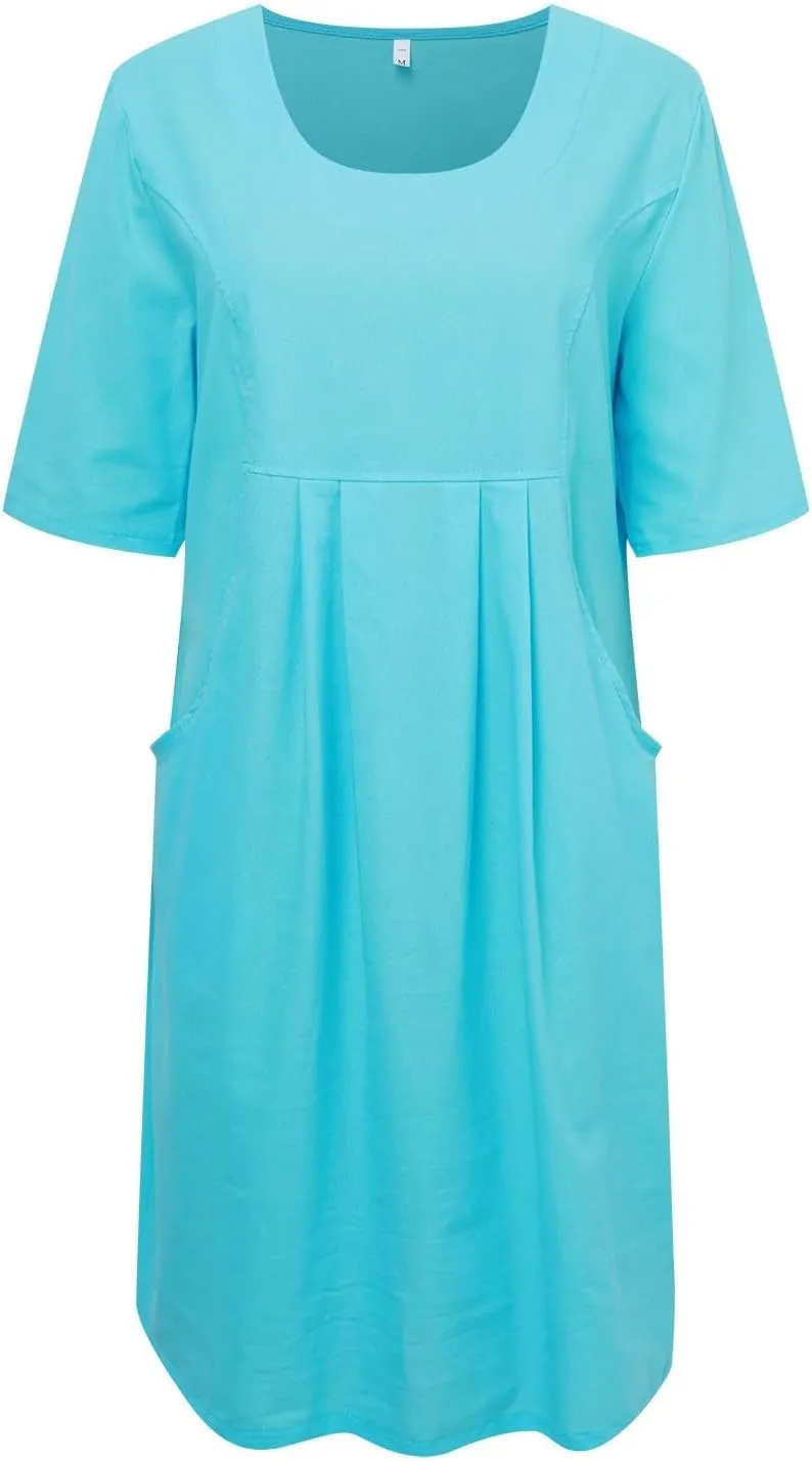 PTOLOCIF Summer Dresses for Women Solid Color Cotton Linen Pockets Tunic Midi Dress Mini Dress