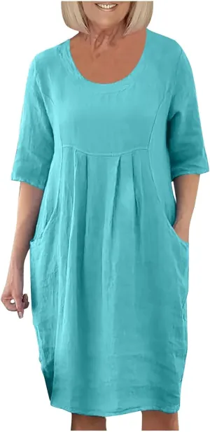 PTOLOCIF Summer Dresses for Women Solid Color Cotton Linen Pockets Tunic Midi Dress Mini Dress