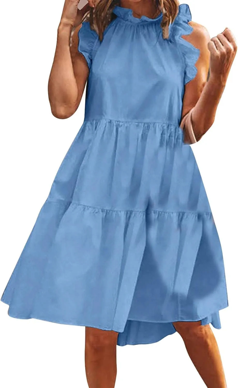 PTOLOCIF Women's Summer Sleeveless Ruffle Sleeve Dresses Round Neck Solid Loose Short Flowy A Line Mini Babydoll Dress A