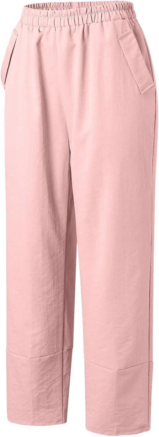 QWENTMTNTY Loose Pants for Women Casual Summer Cotton Linen Pants Cropped Elastic High Waisted Crop Capris Trousers Pockets
