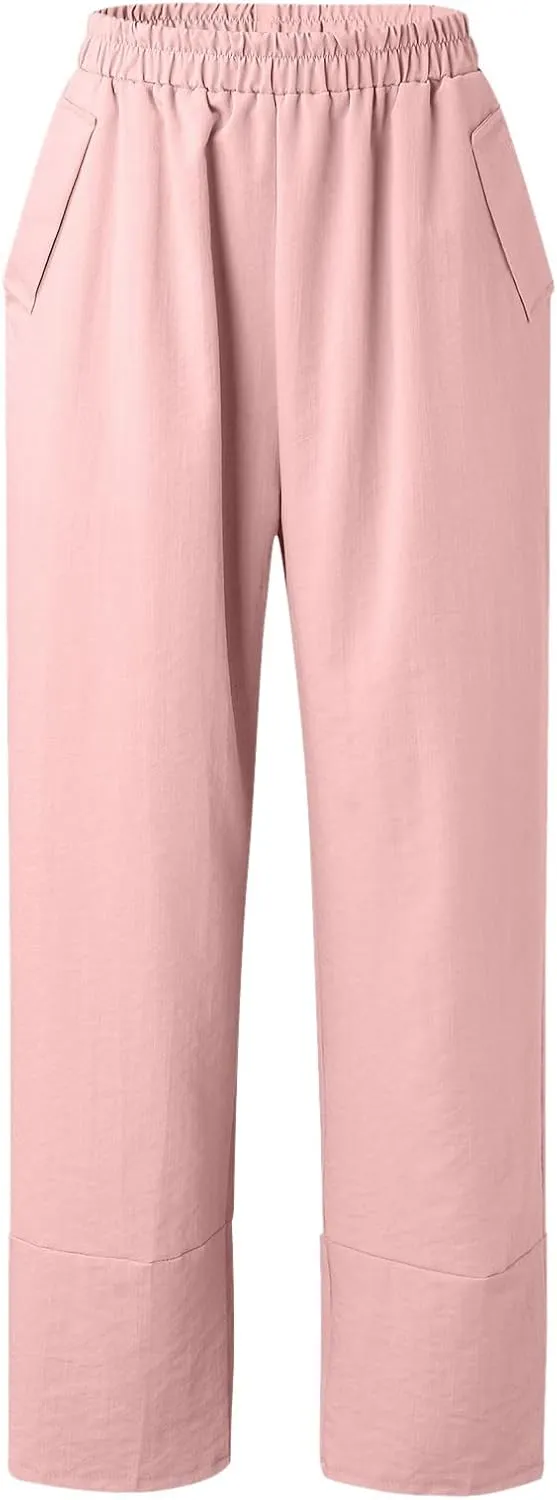 QWENTMTNTY Loose Pants for Women Casual Summer Cotton Linen Pants Cropped Elastic High Waisted Crop Capris Trousers Pockets