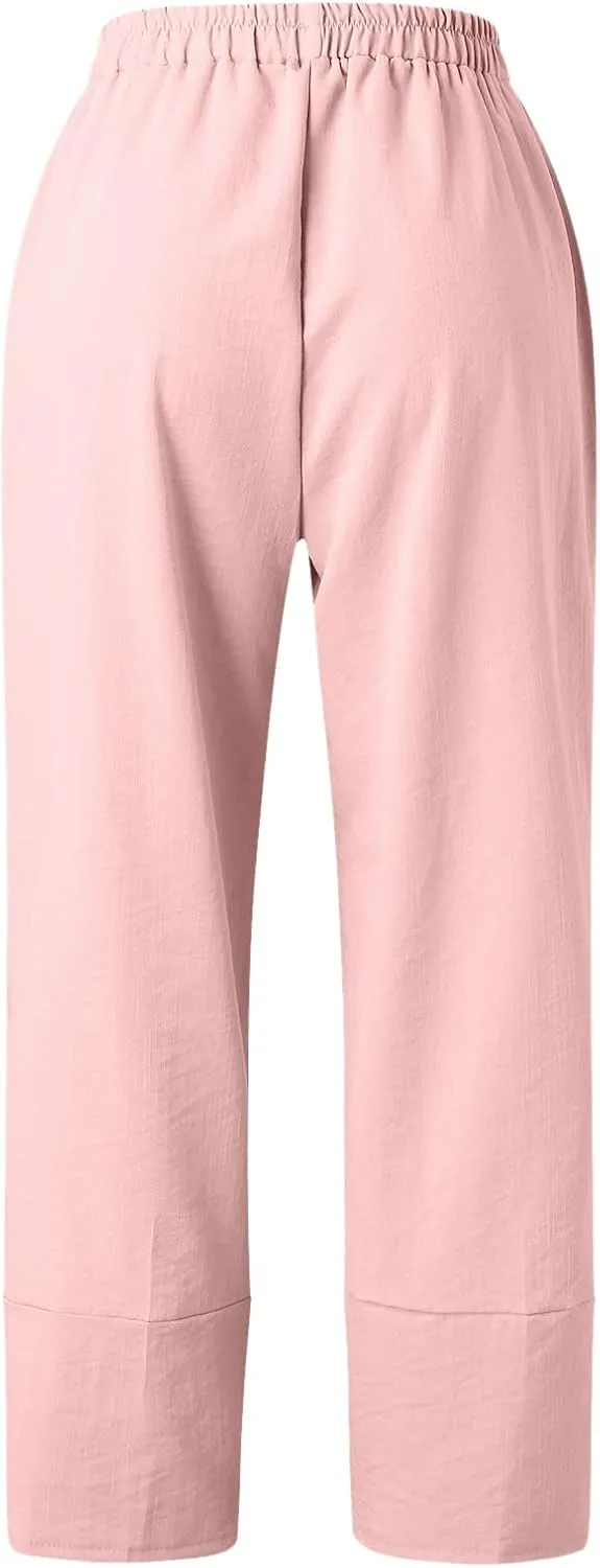 QWENTMTNTY Loose Pants for Women Casual Summer Cotton Linen Pants Cropped Elastic High Waisted Crop Capris Trousers Pockets