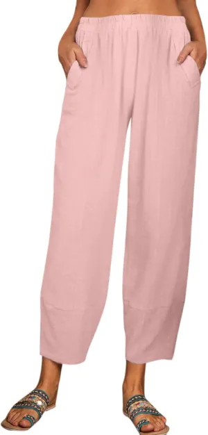 QWENTMTNTY Loose Pants for Women Casual Summer Cotton Linen Pants Cropped Elastic High Waisted Crop Capris Trousers Pockets