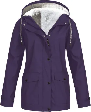 Rain Jacket for Women Waterproof Fleece Lined Fall Winter Coats Hooded Softshell Warm Windbreaker Trench Coat