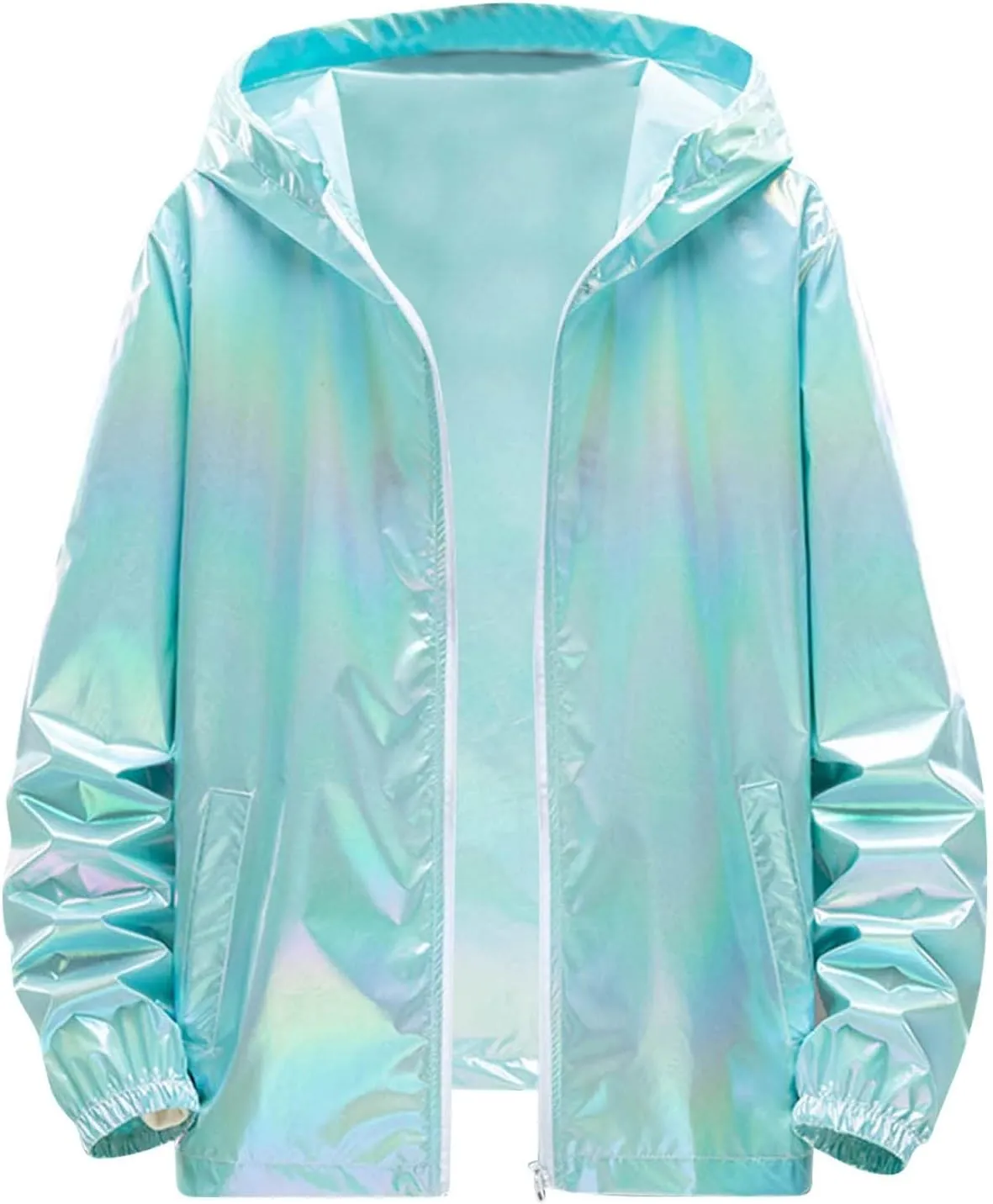 Rainbow Reflective Jacket for Men Trendy Gradient Shiny Hooded Jackets Lightweight Full Zip Runing Jacket