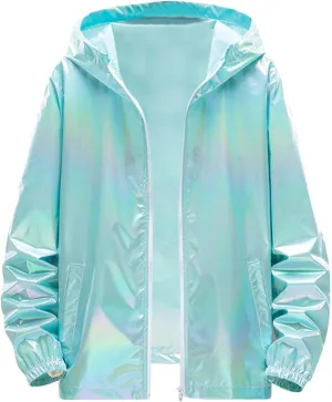 Rainbow Reflective Jacket for Men Trendy Gradient Shiny Hooded Jackets Lightweight Full Zip Runing Jacket