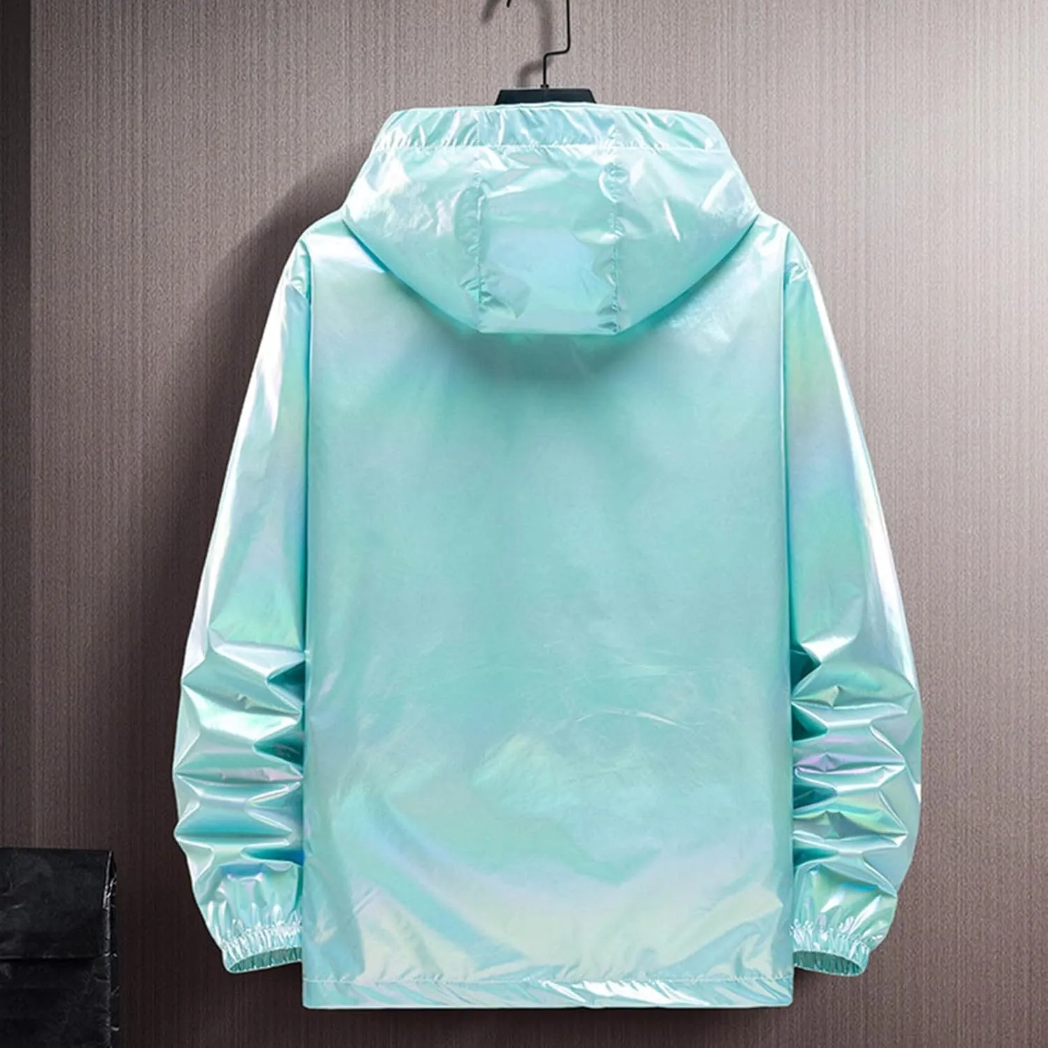 Rainbow Reflective Jacket for Men Trendy Gradient Shiny Hooded Jackets Lightweight Full Zip Runing Jacket