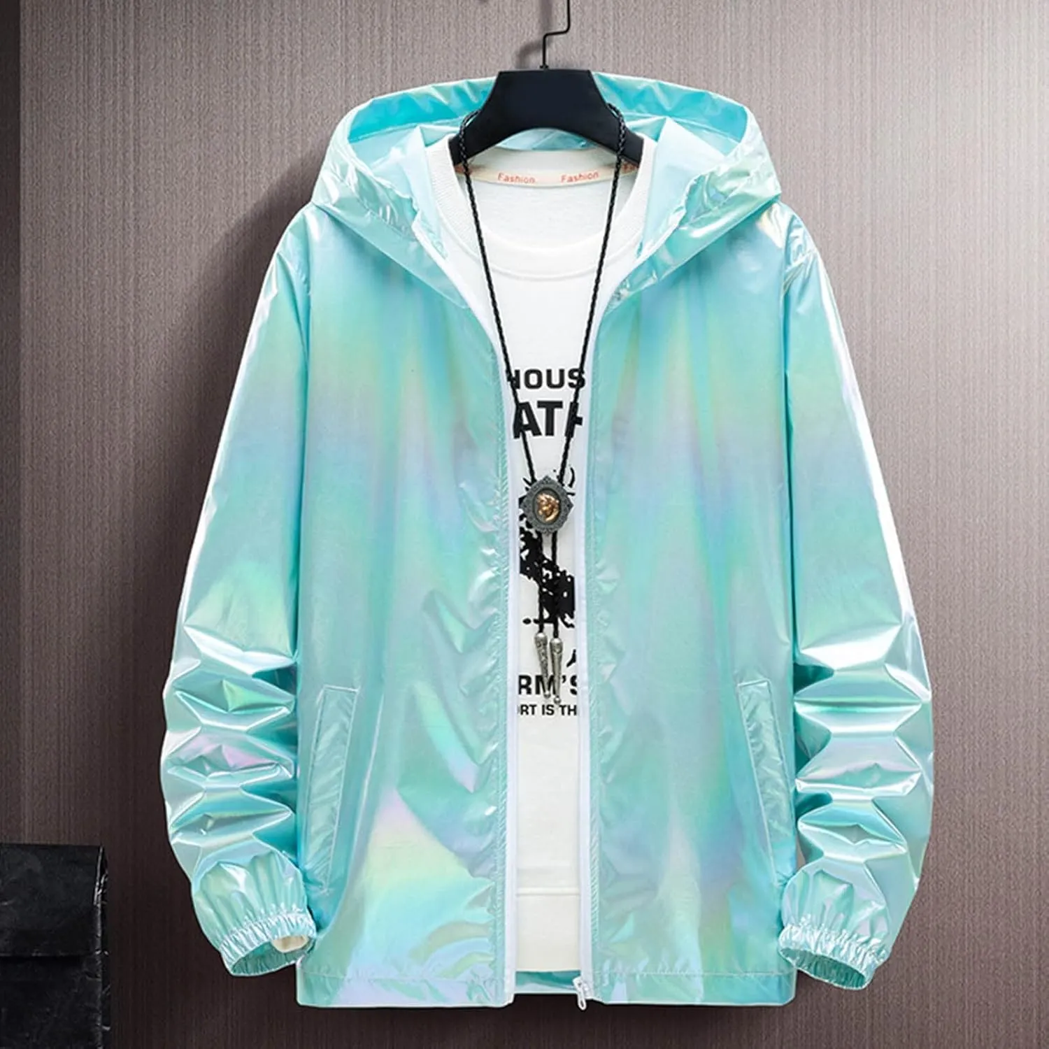 Rainbow Reflective Jacket for Men Trendy Gradient Shiny Hooded Jackets Lightweight Full Zip Runing Jacket