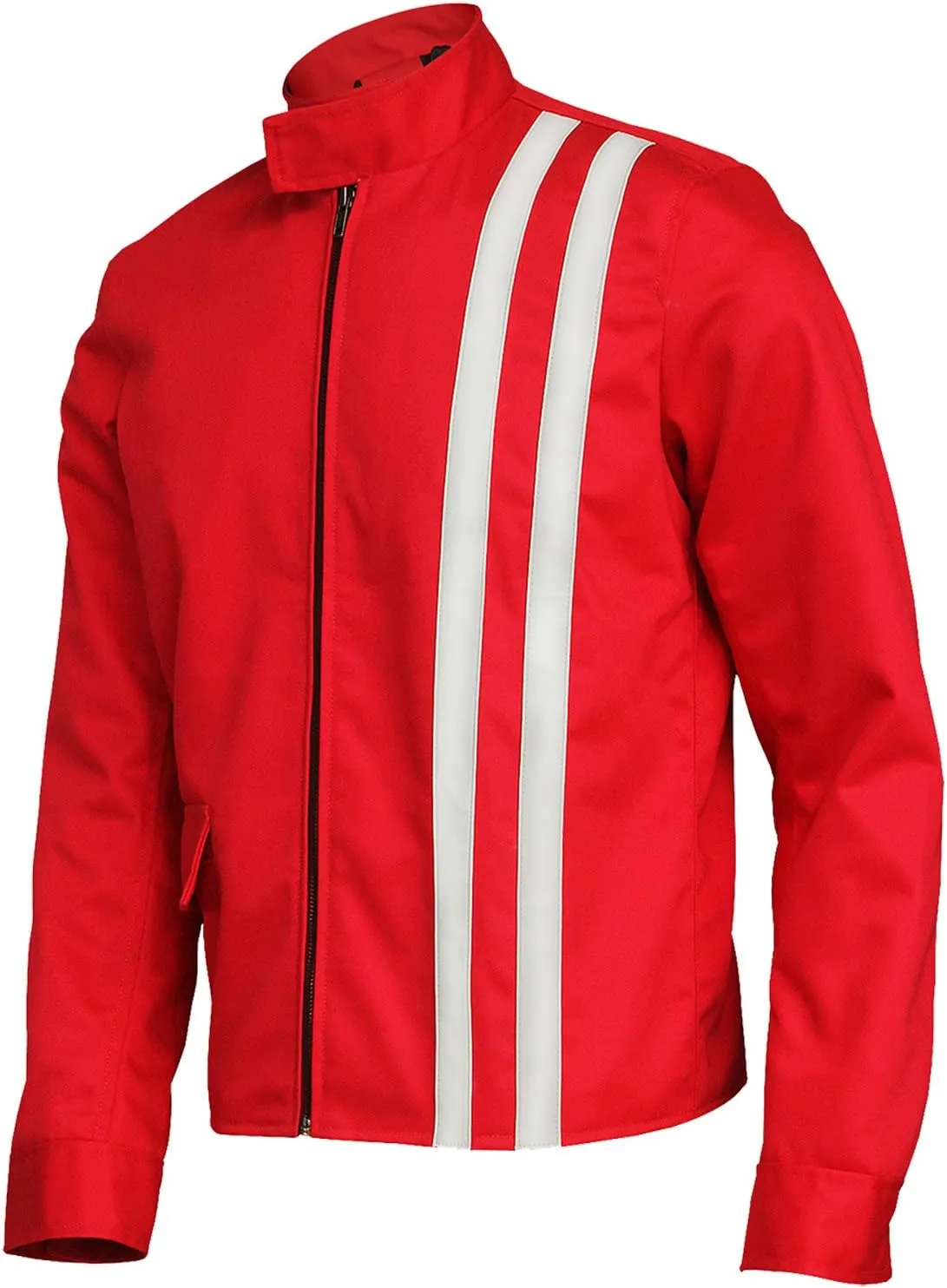 Red Vintage Racing White Stripe Cotton Biker Jacket - Blue Cotton Racer Motorcycle Jacket for Men