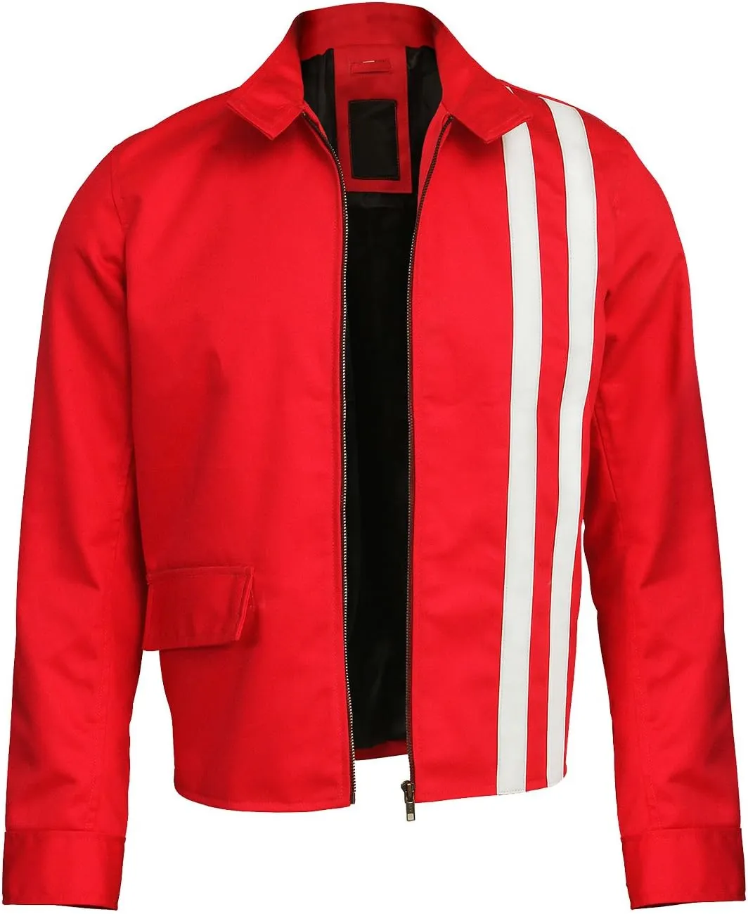 Red Vintage Racing White Stripe Cotton Biker Jacket - Blue Cotton Racer Motorcycle Jacket for Men