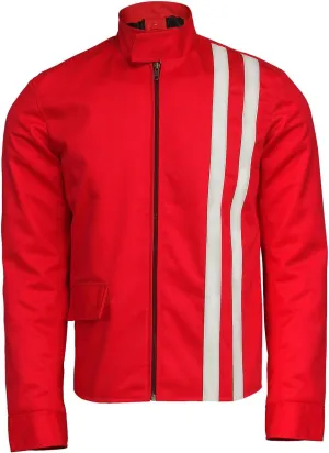 Red Vintage Racing White Stripe Cotton Biker Jacket - Blue Cotton Racer Motorcycle Jacket for Men