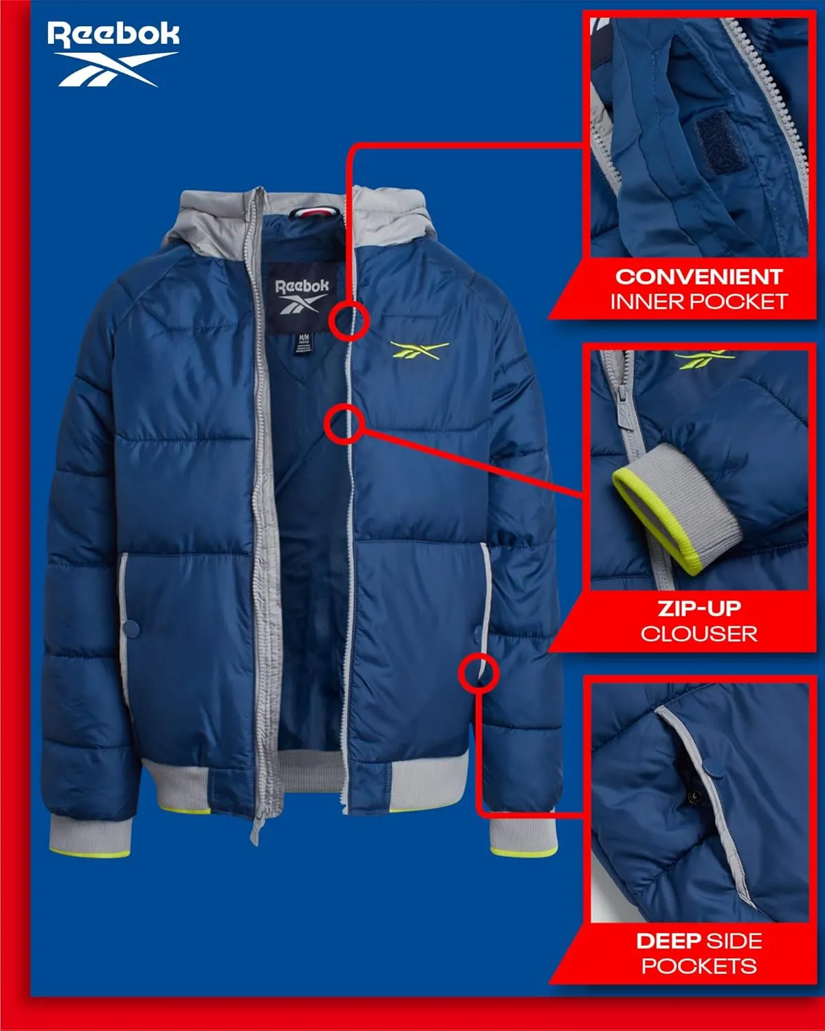 Reebok Boys' Winter Coat - Heavyweight Full Zip Up Quilted Puffer Snow Parka - Weather Resistant Ski Jacket for Boys (8-20)