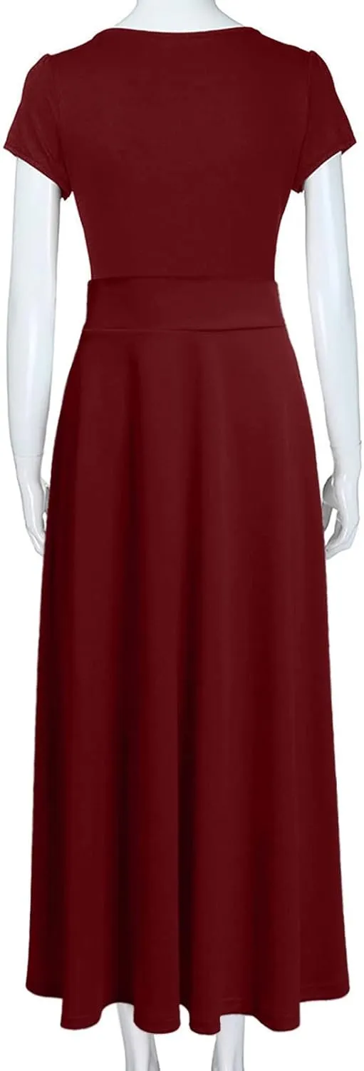 RKSTN Long Summer Dresses for Women 2025 Short Sleeve Solid Color Maxi Dress Prom Cocktail Ball Gowns Beach Party Sundresses