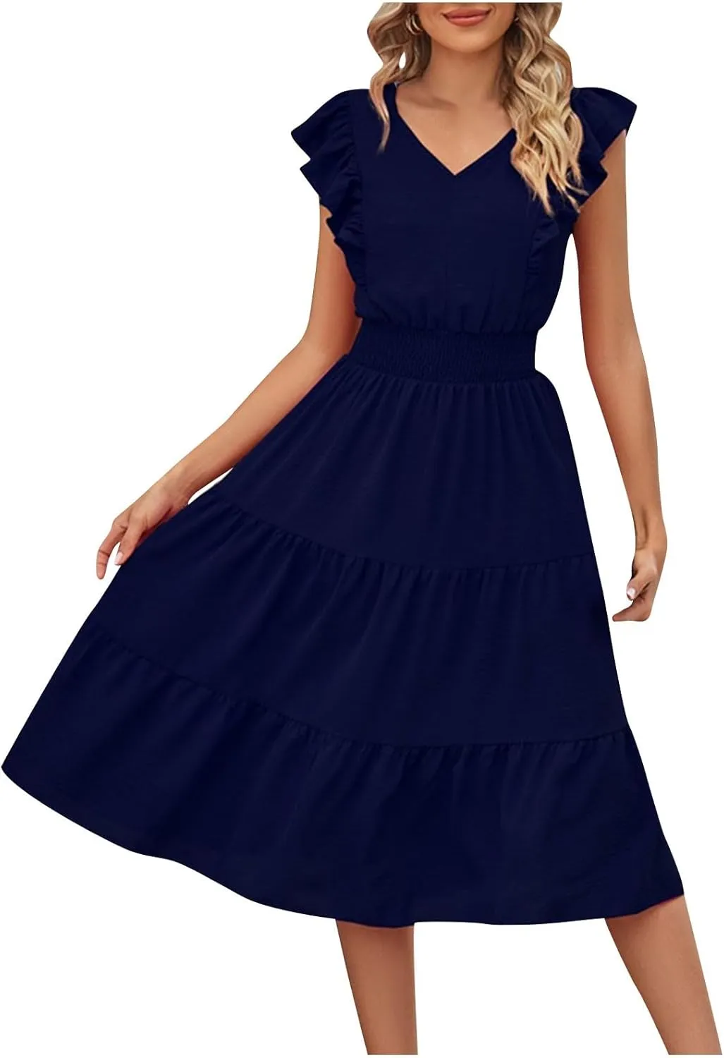 Ruffle Cap Sleeve Midi Dress for Women Elegant A-Line Swing Dresses Summer Flowy Tiered Knee Length Holiday