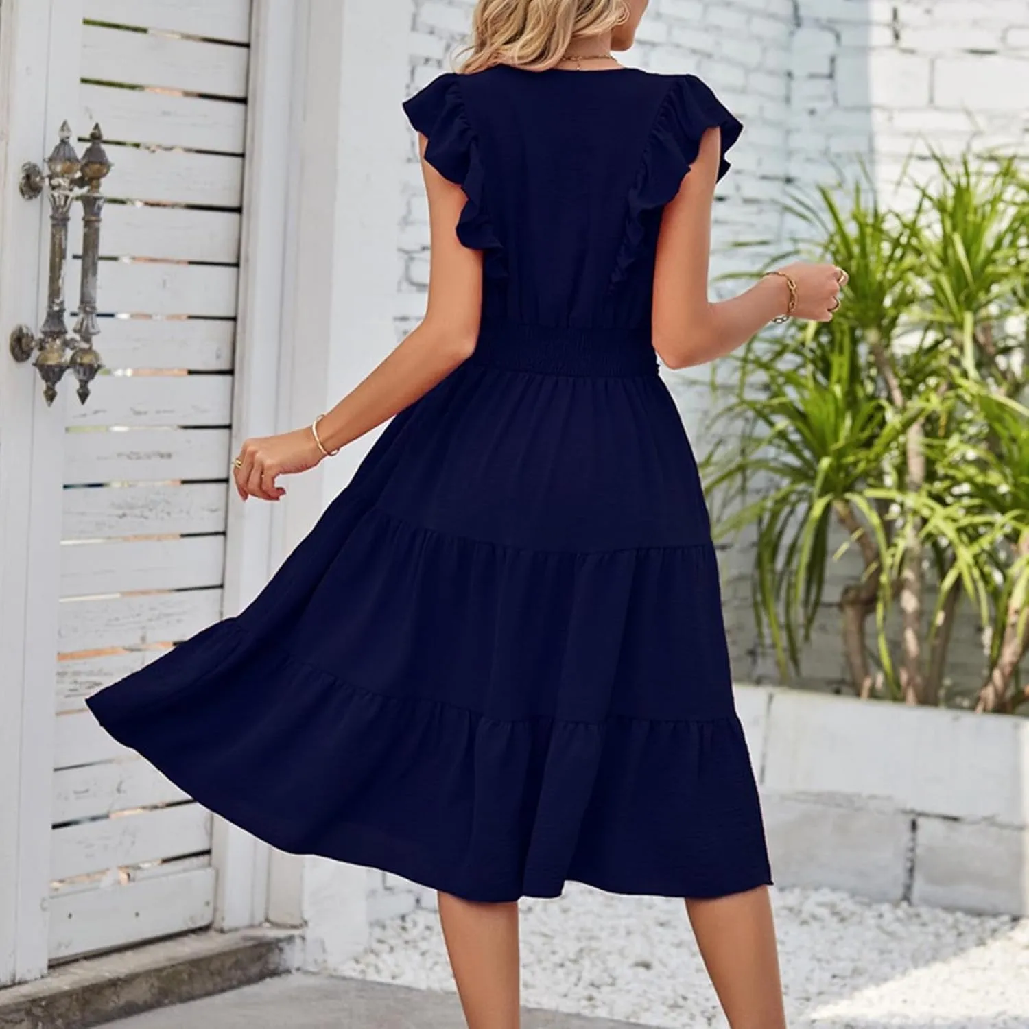 Ruffle Cap Sleeve Midi Dress for Women Elegant A-Line Swing Dresses Summer Flowy Tiered Knee Length Holiday