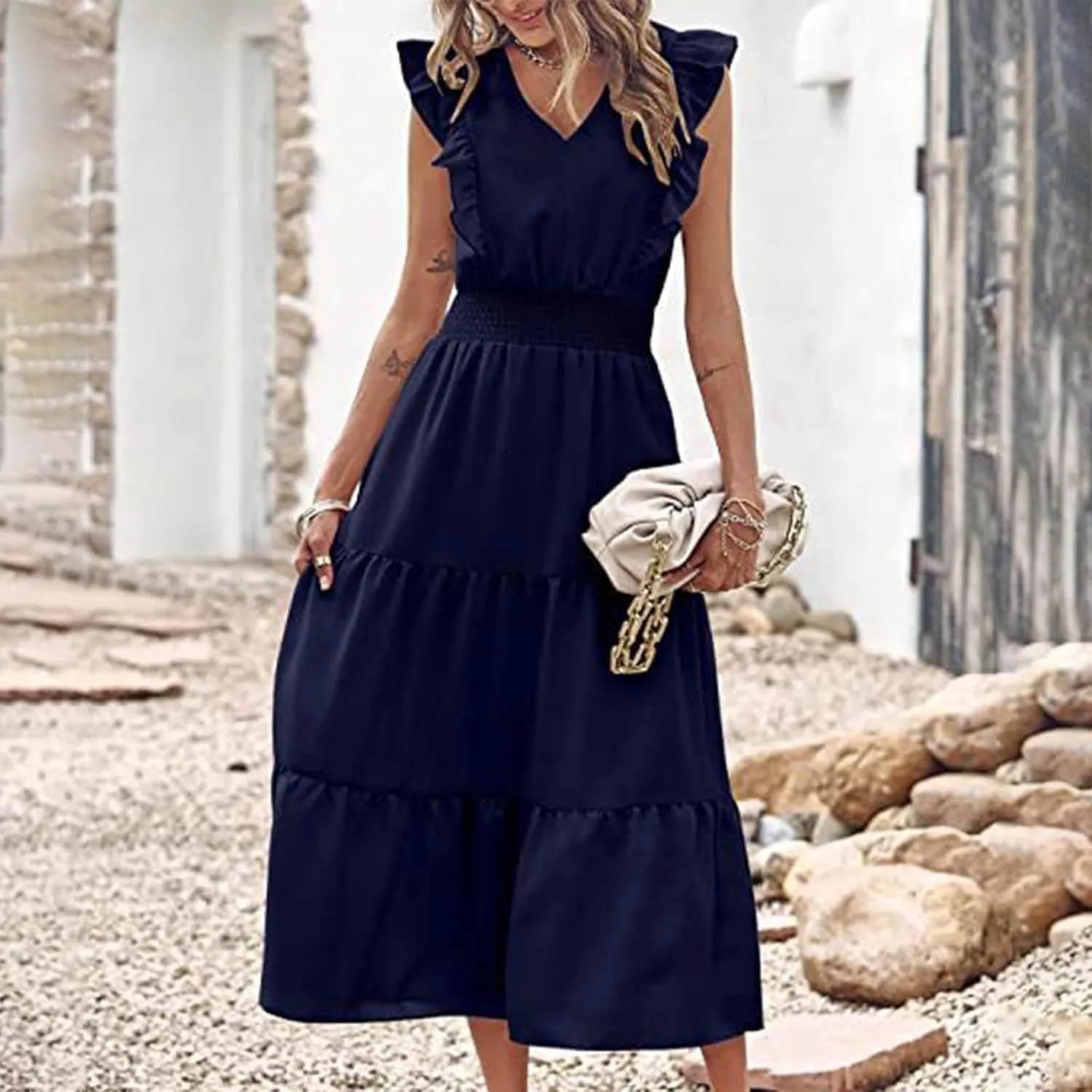 Ruffle Cap Sleeve Midi Dress for Women Elegant A-Line Swing Dresses Summer Flowy Tiered Knee Length Holiday
