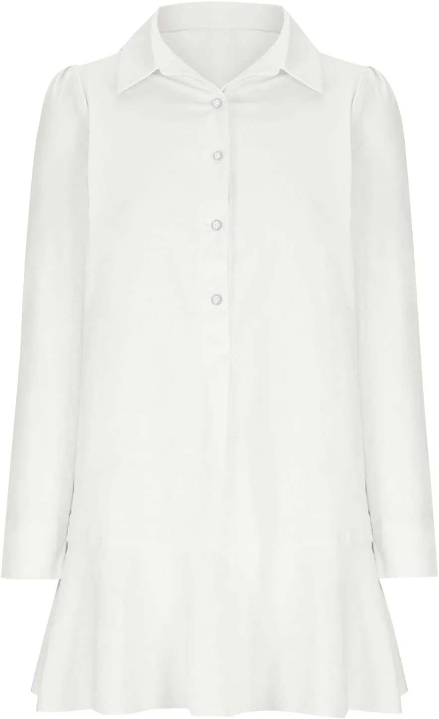 Ruffle Hem Mini Shirt Dress Women Cotton Linen Long Sleeve Henley Tunic Dress Button V Neck Lapel Casual Dresses
