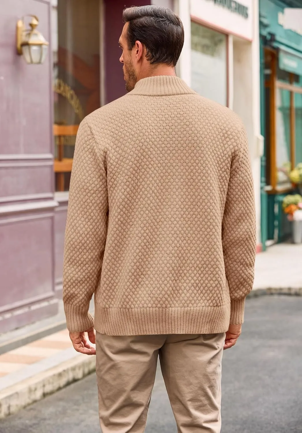 Runcati Mens Zip Up Cardigan Sweater Casual Stand Collar Textured Knit Ribbed Chunky Sweaters