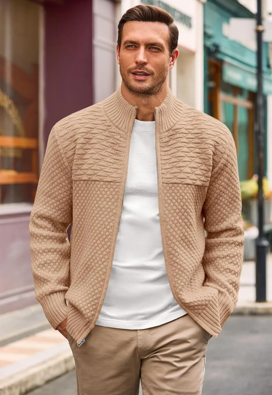Runcati Mens Zip Up Cardigan Sweater Casual Stand Collar Textured Knit Ribbed Chunky Sweaters