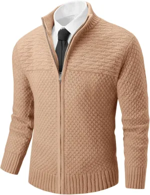 Runcati Mens Zip Up Cardigan Sweater Casual Stand Collar Textured Knit Ribbed Chunky Sweaters