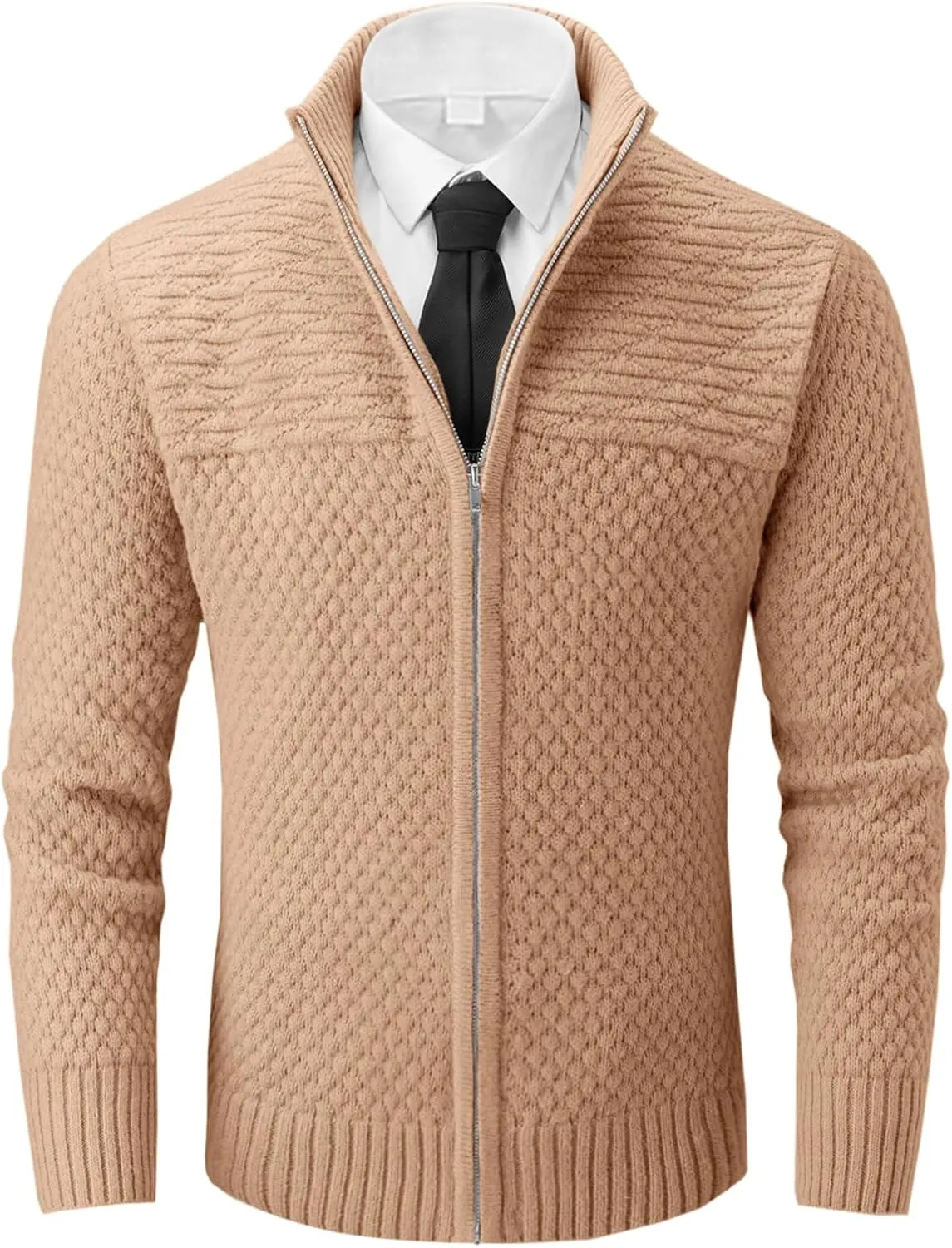 Runcati Mens Zip Up Cardigan Sweater Casual Stand Collar Textured Knit Ribbed Chunky Sweaters