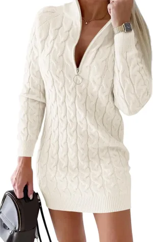 Saodimallsu Womens Cable Knit Sweater Dress Half Zip Long Sleeve Sexy Bodycon Mock Neck Chunky Mini Dresses