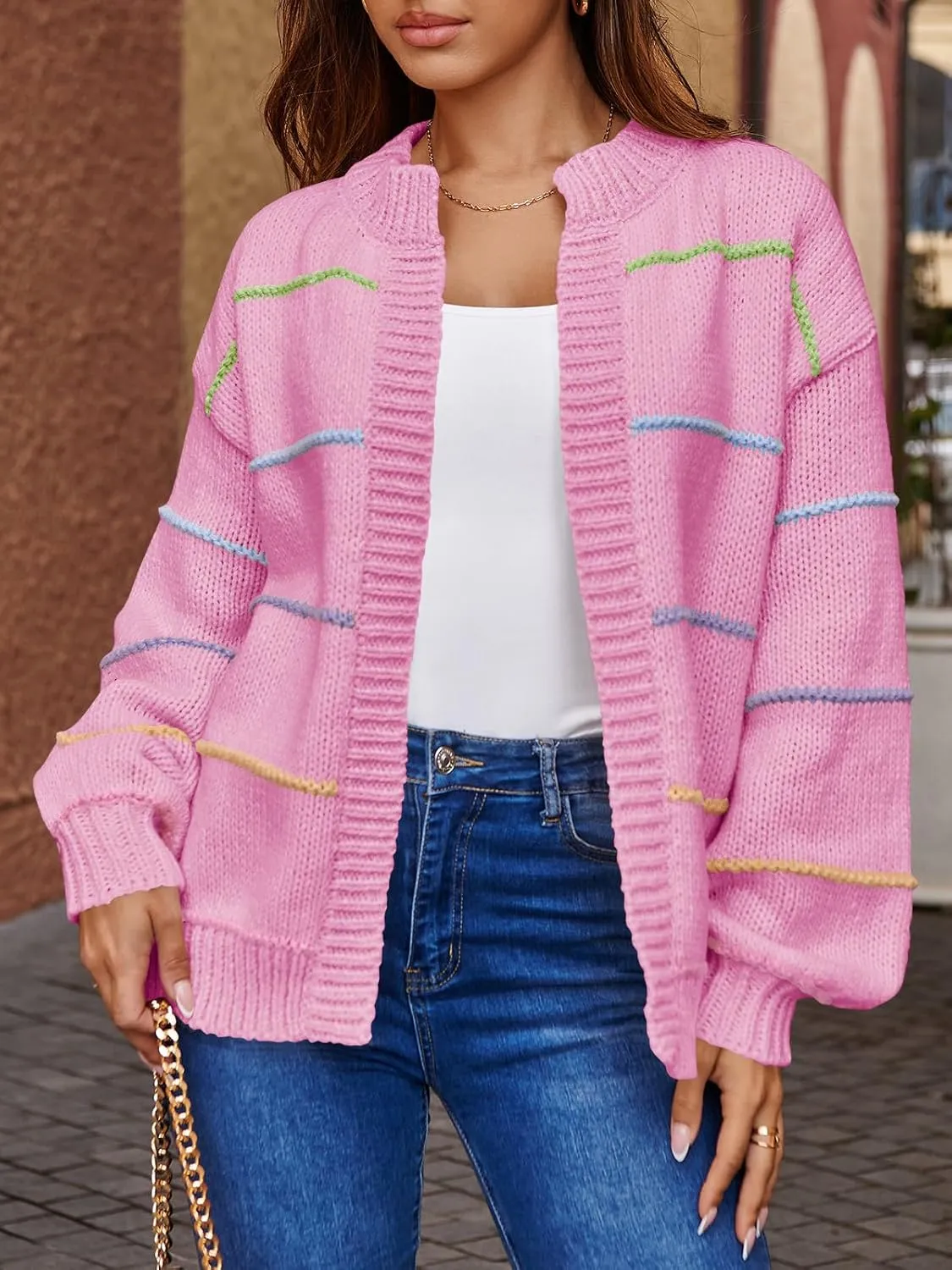 Saodimallsu Womens Color Block Cardigan Sweater Striped Open Front 2024 Fall Chunky Trendy Knit Loose Sweater Coats