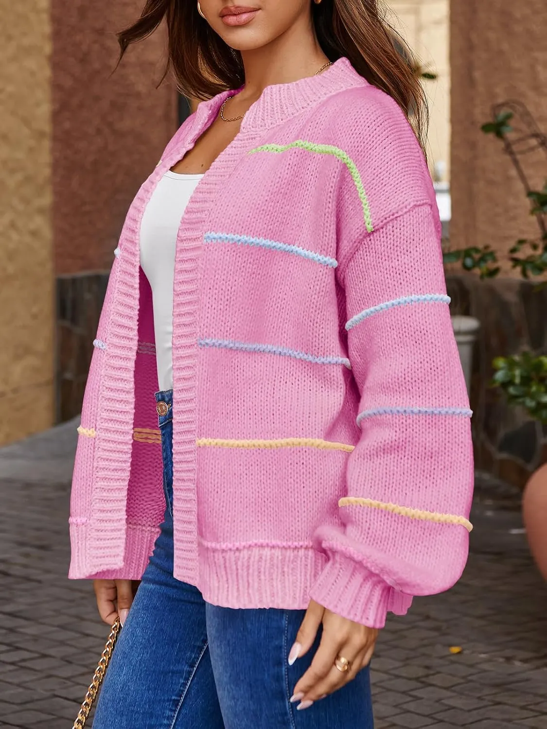 Saodimallsu Womens Color Block Cardigan Sweater Striped Open Front 2024 Fall Chunky Trendy Knit Loose Sweater Coats