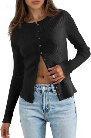 Saodimallsu Womens Lightweight Fitted Sweaters Crew Neck Long Sleeve Button Down Ribbed Knit Cardigan Black