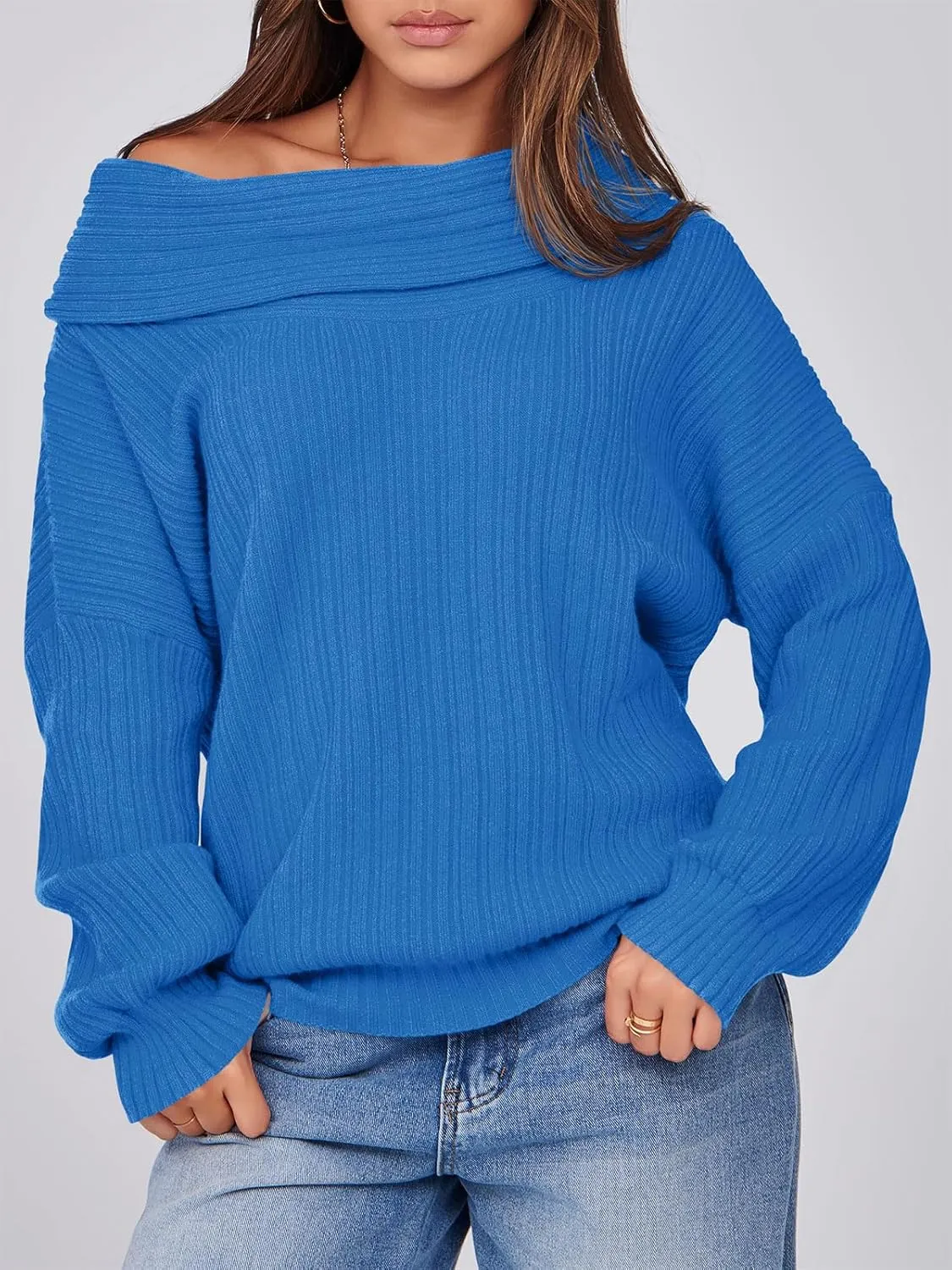Saodimallsu Womens Off The Shoulder Sweater Top Oversized 2024 Fall Batwing Boat Neck Knit Sexy Casual Pullover