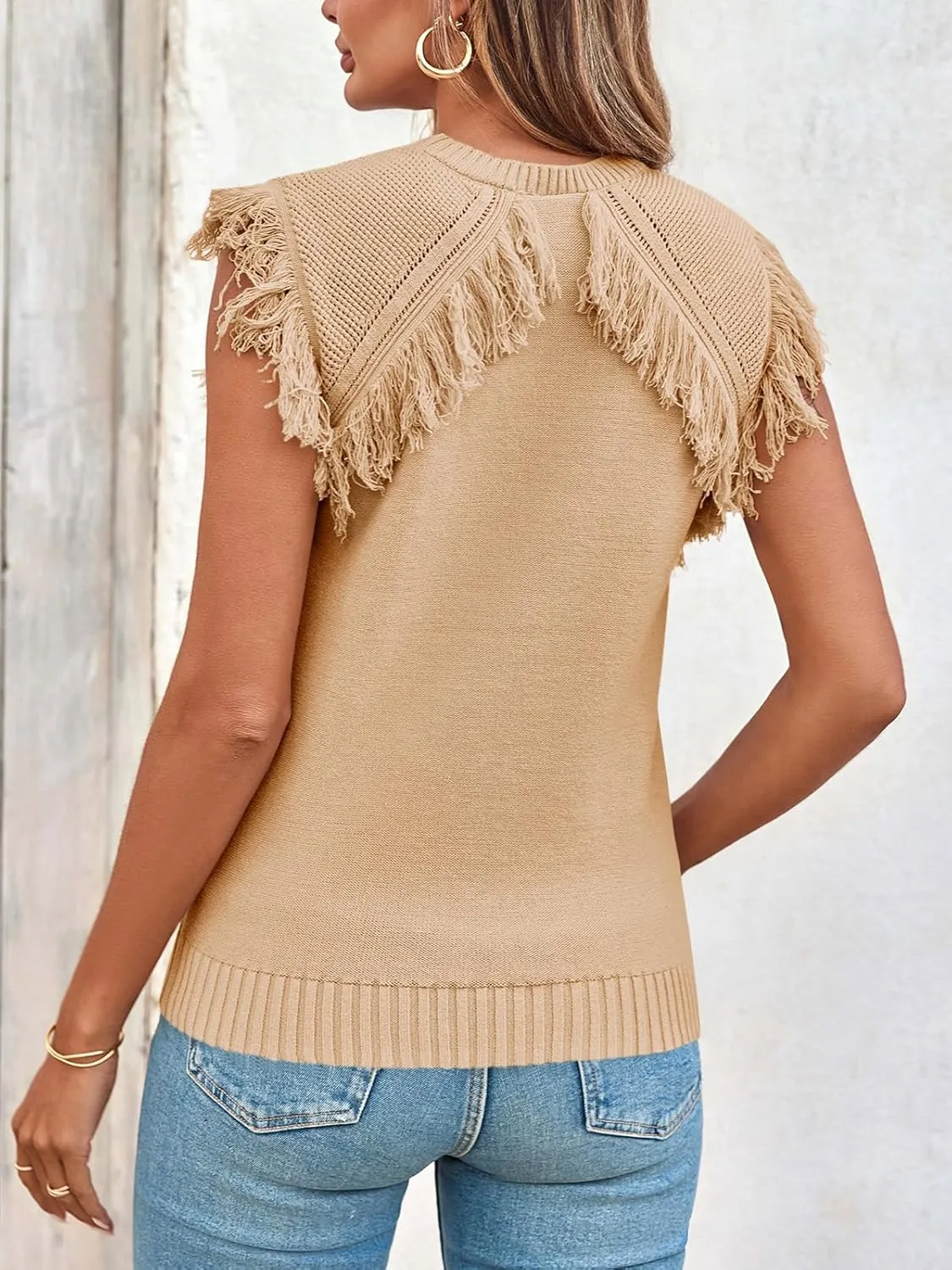 Saodimallsu Womens Sleeveless Sweater Vest Fringe Cap Sleeve Western Boho Trendy Crew Neck Pullover Knit Tops