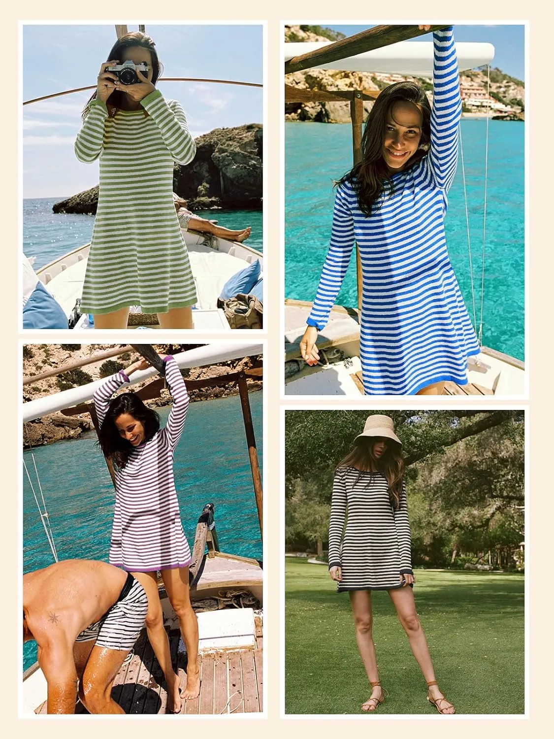 Saodimallsu Womens Striped Pullover Sweater Crew Neck Fall Long Sleeve Trendy Casual Ribbed Knit Tunic Mini Dress