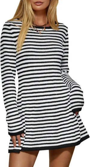 Saodimallsu Womens Striped Pullover Sweater Crew Neck Fall Long Sleeve Trendy Casual Ribbed Knit Tunic Mini Dress
