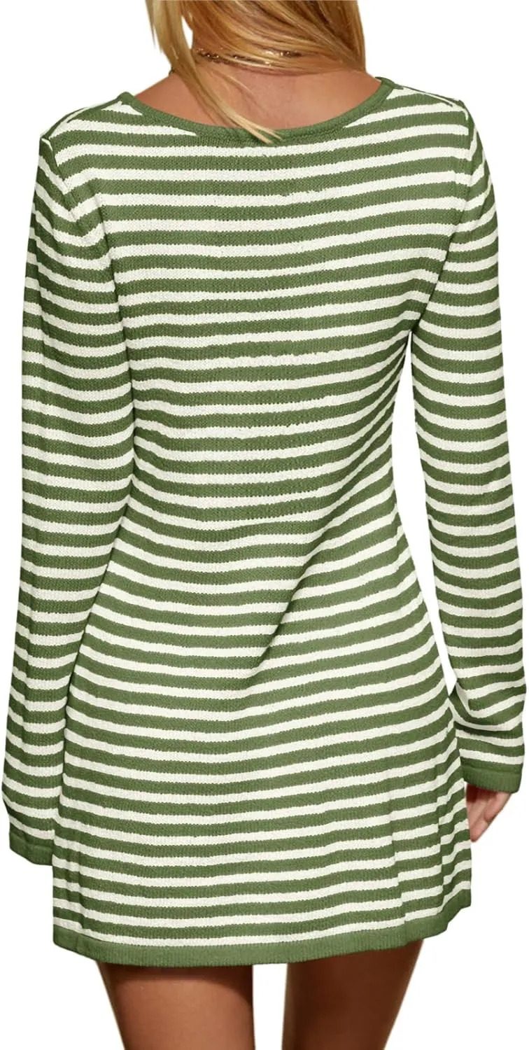 Saodimallsu Womens Striped Pullover Sweater Crew Neck Fall Long Sleeve Trendy Casual Ribbed Knit Tunic Mini Dress