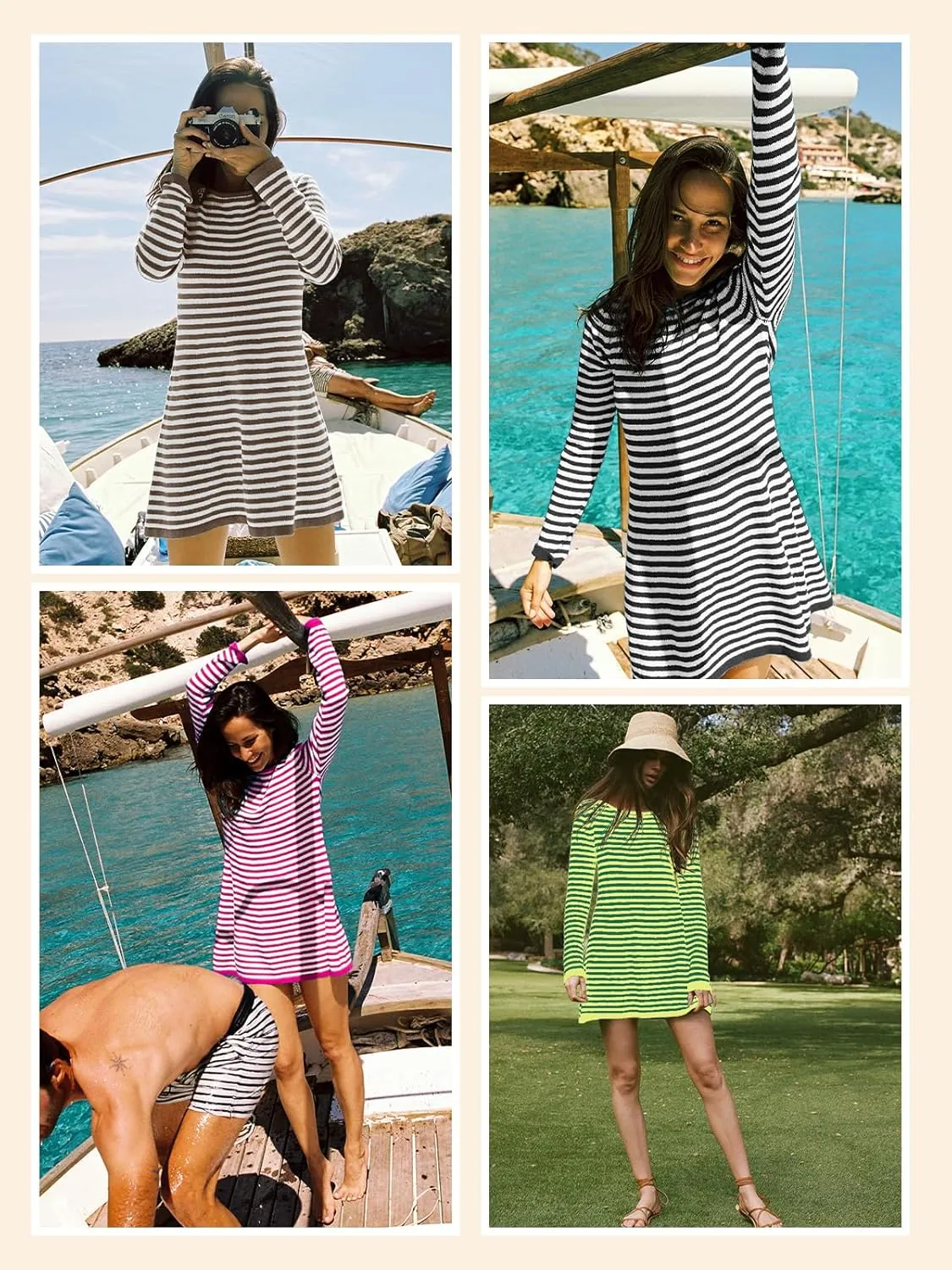 Saodimallsu Womens Striped Pullover Sweater Crew Neck Fall Long Sleeve Trendy Casual Ribbed Knit Tunic Mini Dress