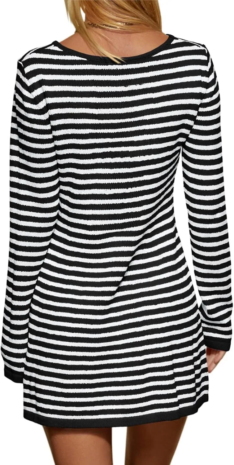 Saodimallsu Womens Striped Pullover Sweater Crew Neck Fall Long Sleeve Trendy Casual Ribbed Knit Tunic Mini Dress