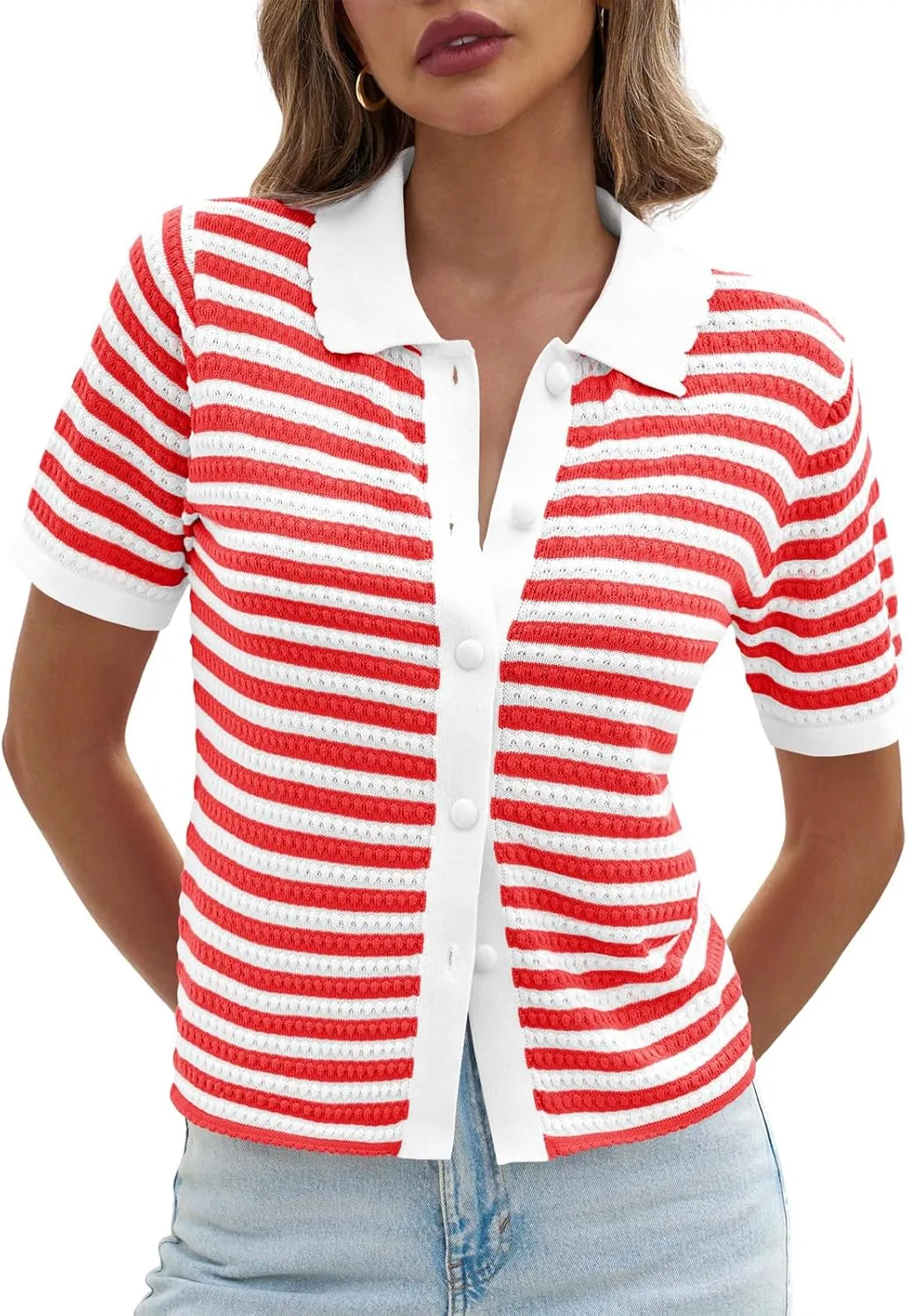 Saodimallsu Womens Striped Short Sleeve Sweater Tops Polo Collared Button Crochet Summer Cropped Cardigan