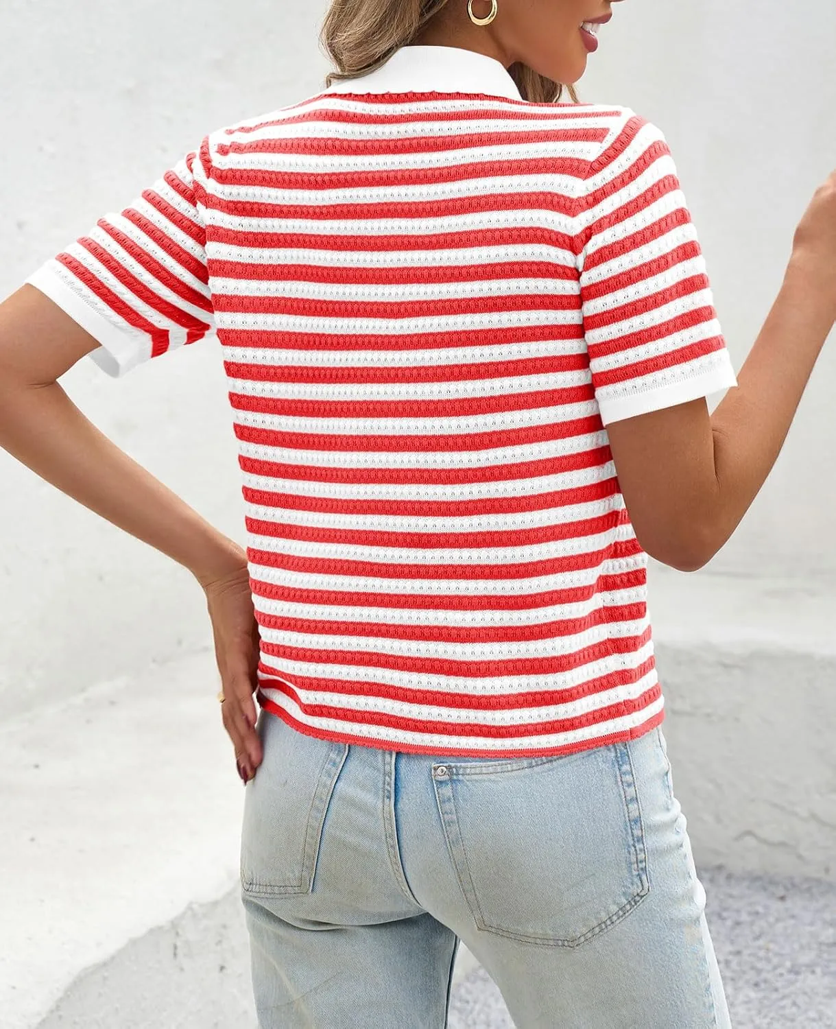 Saodimallsu Womens Striped Short Sleeve Sweater Tops Polo Collared Button Crochet Summer Cropped Cardigan