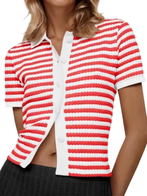 Saodimallsu Womens Striped Short Sleeve Sweater Tops Polo Collared Button Crochet Summer Cropped Cardigan