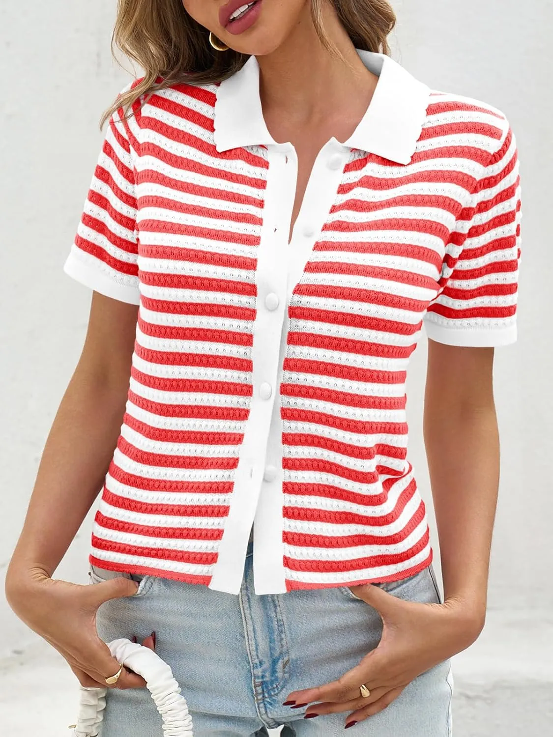 Saodimallsu Womens Striped Short Sleeve Sweater Tops Polo Collared Button Crochet Summer Cropped Cardigan