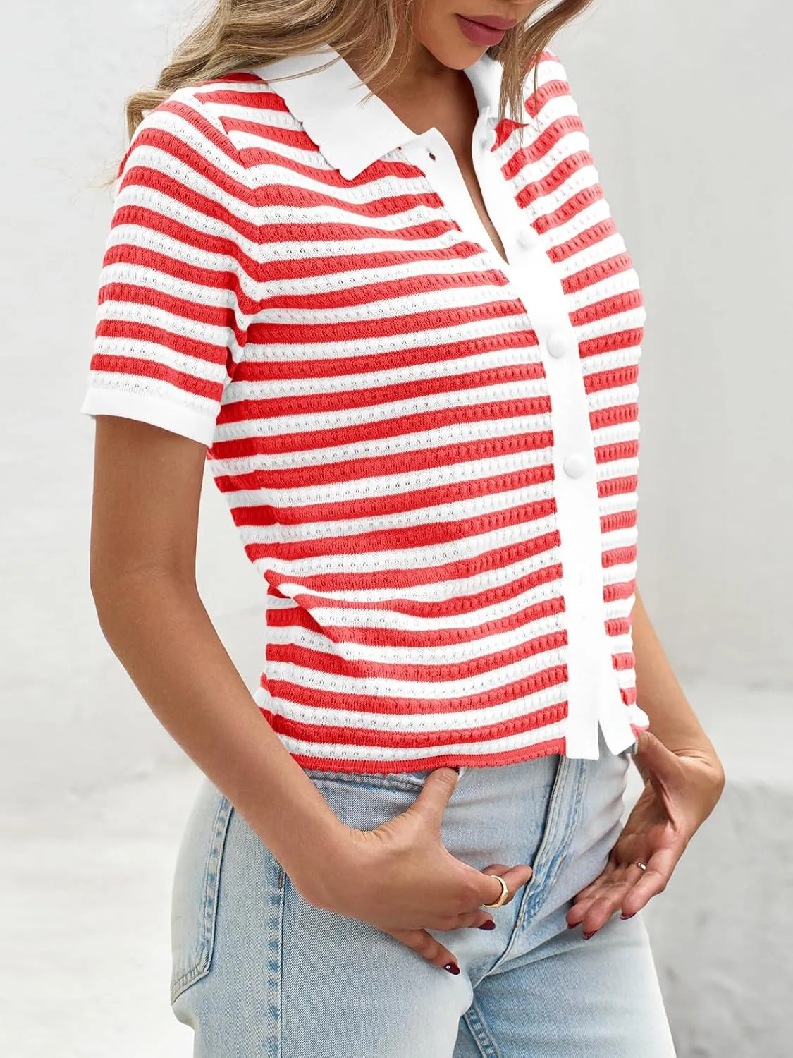 Saodimallsu Womens Striped Short Sleeve Sweater Tops Polo Collared Button Crochet Summer Cropped Cardigan